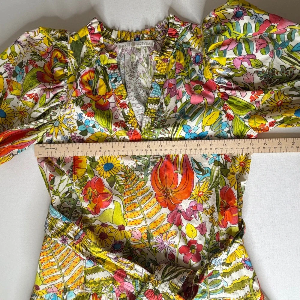Marie Oliver Clara Floral Palm‎ Mini Dress Sz XS Multi Puff Sleeve Tiered Resort - Picture 11 of 12